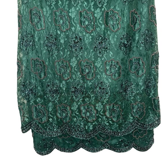 Brilliante by J.A.Vintage Beaded & Sequins Dark Green Lace MidiScallop Hem Sz M - Picture 4 of 13